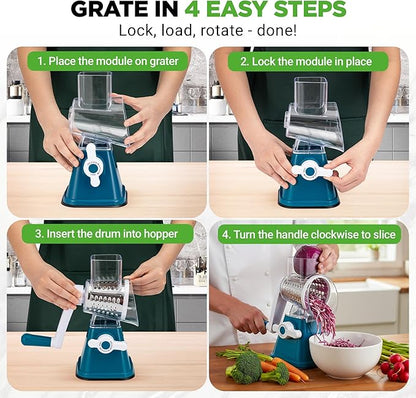 NutriChef 3 in 1 Cheese Grater & Shredder | Strong Suction Base, Rotary Handle