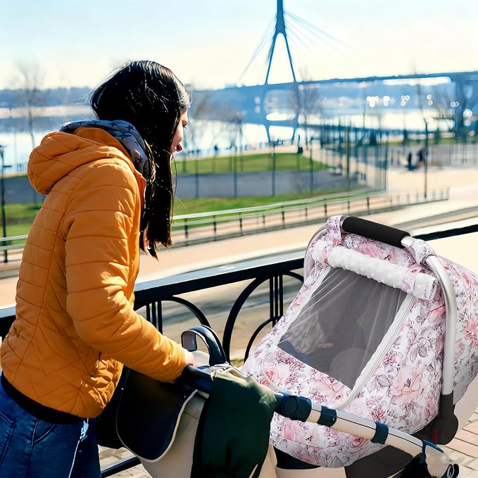 Car Seat Cover Baby Girls, Mink Dot Carseat Covers for Newborn with Breathable Mesh and Sun Shade Window, Warm Stretchy Infant Car Seat Canopy Snug Fit Baby Carrier, Stroller