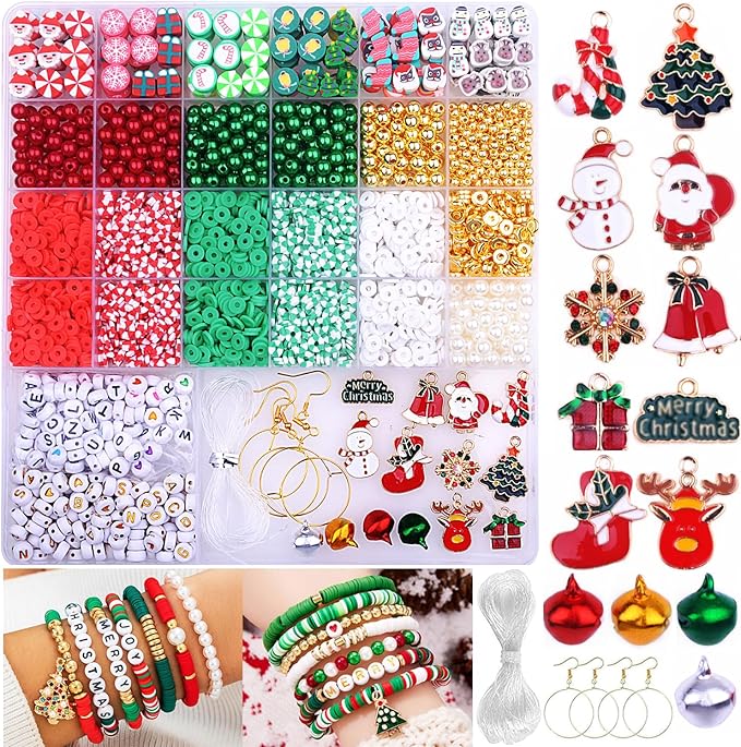 3680pcs Christmas Polymer Clay Beads Charms for Bracelets Making Kit Christmas Tree Snowman Santa Claus Snowflakes Bells Socks elk Friendship DIY Arts Crafts Gifts for Kids Girls