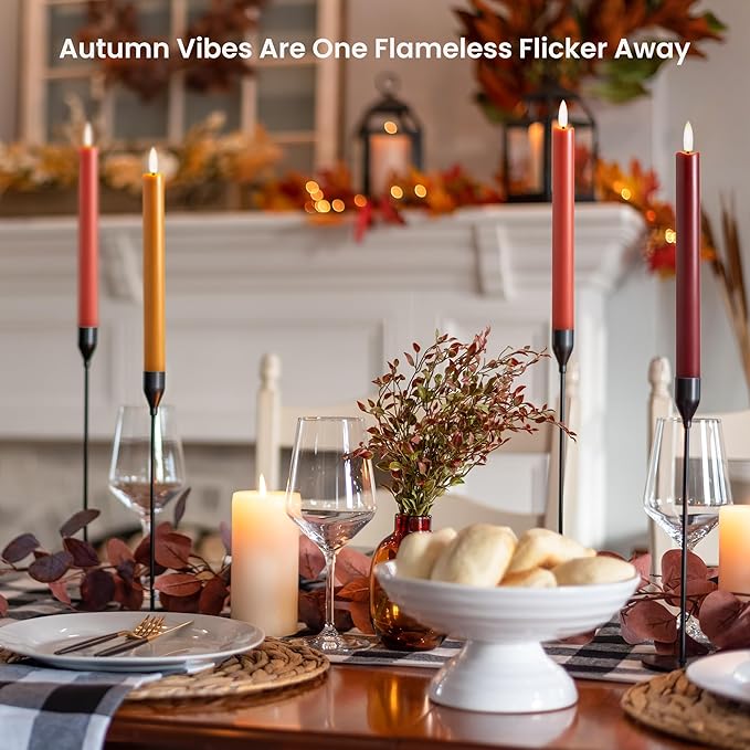 Fall Flameless Taper Candles with Remote and Timer, 10" 6pk LED Candlesticks, Battery Operated Thanksgiving Candles with 3D Flickering Flame, Bordeaux, Terra Cotta & Caramel (Autumn Harvest)