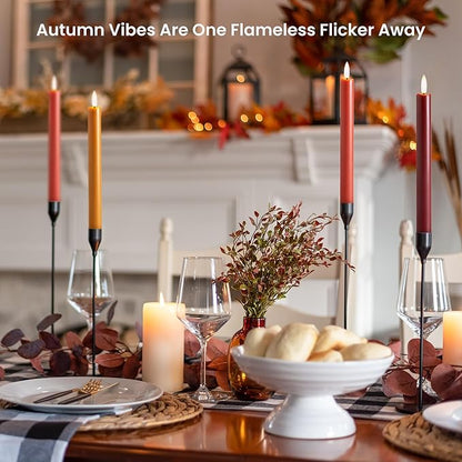 Fall Flameless Taper Candles with Remote and Timer, 10" 6pk LED Candlesticks, Battery Operated Thanksgiving Candles with 3D Flickering Flame, Bordeaux, Terra Cotta & Caramel (Autumn Harvest)