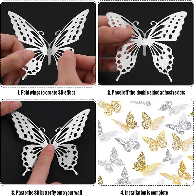 SAOROPEB 3D Butterfly Wall Decor 48 Pcs 4 Styles 3 Sizes, Butterfly Birthday Decorations Party Decorations Cake Decorations Wedding Decor, Removable Stickers (Gold, Silver)