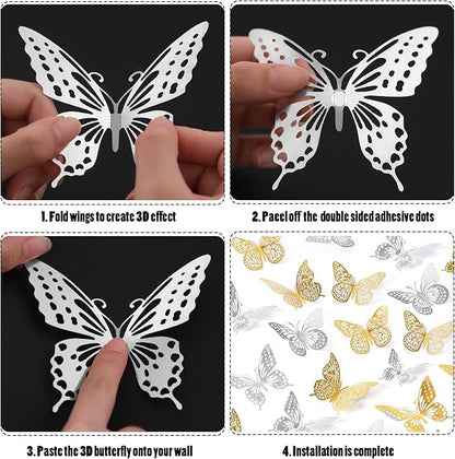 SAOROPEB 3D Butterfly Wall Decor 48 Pcs 4 Styles 3 Sizes, Butterfly Birthday Decorations Party Decorations Cake Decorations Wedding Decor, Removable Stickers (Gold, Silver)