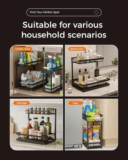Sevenblue 3 Pack Under Sink Organizer, Height Adjustable 2 Tier Pull-Out Metal