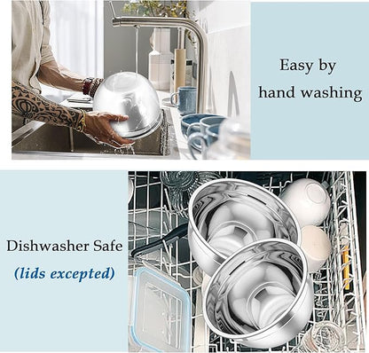 TeamFar Mixing Bowls, Stainless Steel Nesting Salad Bowls with Lids Set of 3 & 3 Grater Attachments, For Mixing/Serving/Storing, Non-toxic & Long-lasting, Size 4.6/3 / 1.5 QT, Navy Blue