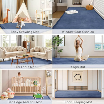 Baby Play Mat for Floor Tummy Time Nursery Muscle Mat Area Rug Playroom Rug Tatami 79"x118" Memory Foam 1.3" Thick Crawling For Babies,Toddlers, Infants, Kids,Floor(Blue)