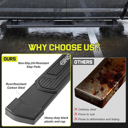 BINARY STAR 6 Inch Running Boards Compatible with 2009-2018 Dodge Ram 1500 Quad Cab, 10-24 Dodge Ram 2500 3500 Quad Cab, Carbon Steel Black Truck Side Step, Nerf Bars Steps with Non-Slip Plastic Pads.