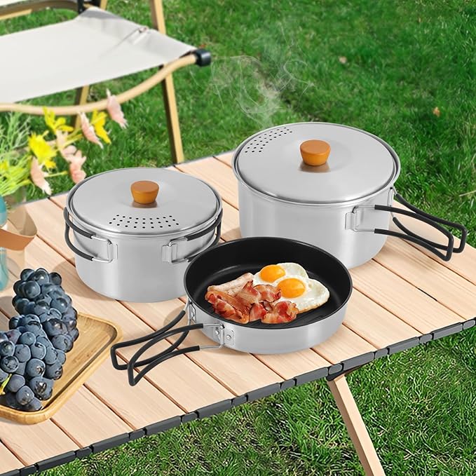 Camping Cookware Set, Camping Cooking Set,304 Stainless Steel Camping Pots &Frying Pan Set,Campfire Cooking Equipment with Storage Bag for Camping,Household, Hiking, Beach Trips