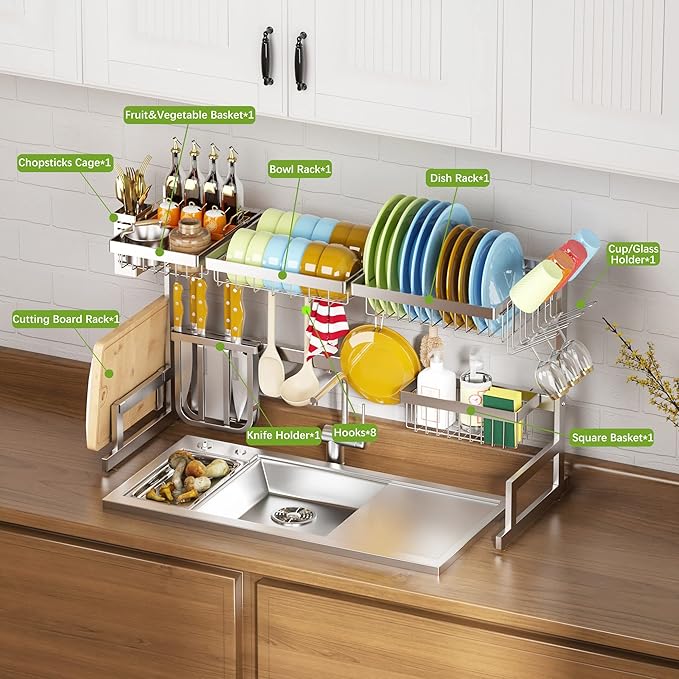 PUSDON Over Sink Dish Drying Rack Stainless Steel, Adjustable Large Dish Drainer