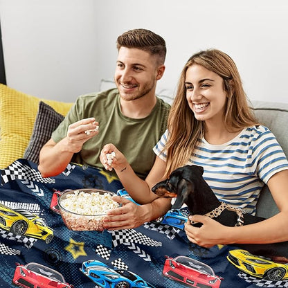 Car Blanket, Racing Car Flannel Blanket for Boys, Race Track Themed Room Decoration for Kids, Soft Cozy Gifts for Game Lover 50 * 60 Inches