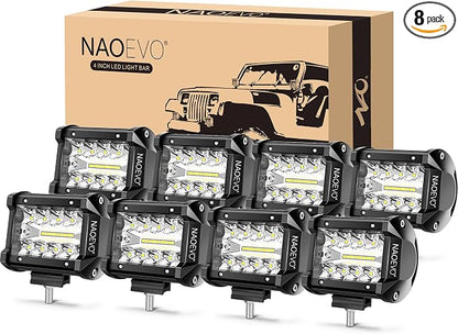NAOEVO 4 Inch LED Pod Lights, 480W 48,000LM LED Fog/Driving/Off Road Lights with Spot Flood Combo, Cube Pods for Truck Boat ATV UTV Pickup, 8 Pcs (White)