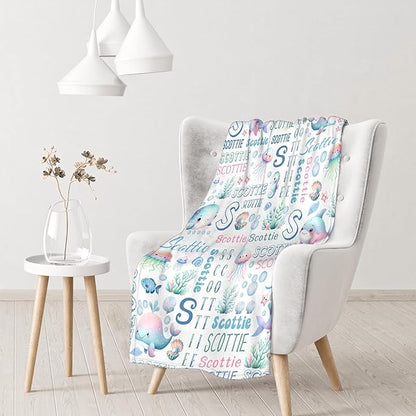 Personalized Baby Blanket for Girls Boys Kids Oceans Shark Custom Baby Blanket with Name Throw Birthday Gift for Toddlers Infants Shower Newborns Nursery Stroller Crib Bed Decor