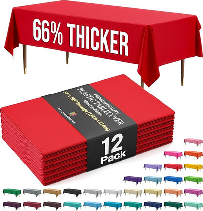 Party Solids 66% Thicker Premium Plastic Table Cloth Rectangle Table Cover 0.5 Mil 12 Pack Red Table Cloth 54 Inch x 108 Inch Disposable Tablecloth Won't Tear Easily Like Cheap Thin Brands