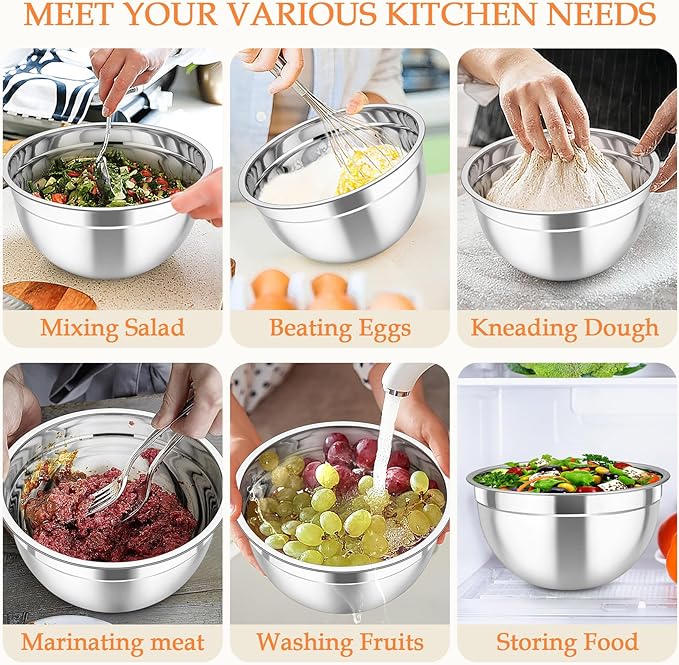 TeamFar Mixing Bowls, Stainless Steel Nesting Salad Bowls with Lids Set & 3 Grater Attachments, For Mixing/Serving/Storing, Non-toxic & Long-lasting, Size 4.6/3 / 1.5 QT, Colorful