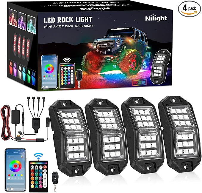 Nilight RGB LED Rock Lights Kit 4 PCS 18LED Wide Angle Wheel Well Light with Remote & Bluetooth App Dual Control Multi Modes Underglow Multicolor Neon Pod for ATV UTV SUV Offroad Truck RZR Boat