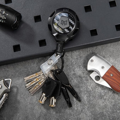 MNGARISTA Upgraded Heavy Duty Retractable Keychain with Belt Clip, 10 OZ Retraction, 31.5" Stainless Steel Cord Key Chain, 3K Carbon Fiber ID Badge Reel Holder with Badge Strap and Key Ring, 4 Pack