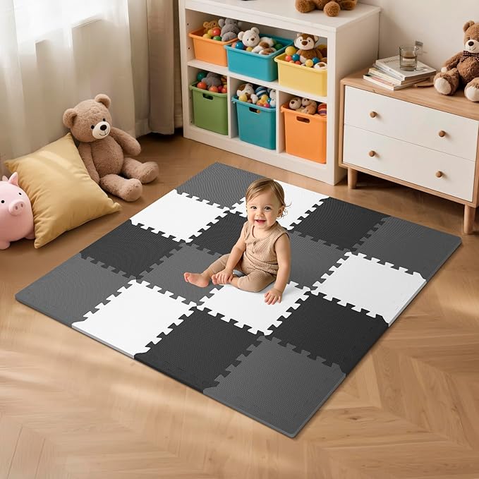 16 Tiles Baby Play Mat for Floor, EVA Foam Baby Floor Play Mat with 0.6 Inch Thick Interlocking Foam Tiles, Foam Floor Tiles for Baby, Toddlers and Kids (Gray-White- Black, 16PCS)