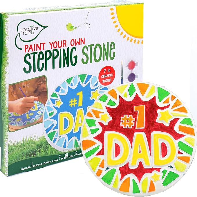 Creative Roots Paint Your Own #1 Dad Stepping Stone, Paintable Ceramic 7 in. Stone, Includes 6 Acrylic Paints & Paintbrush, Great Arts and Crafts for Kids Ages 8-12, Father's Day Gift