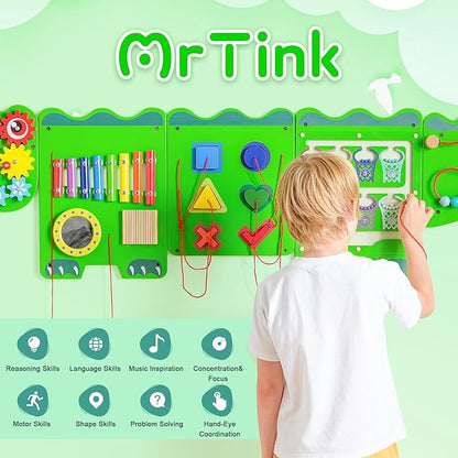 Crocodile Sensory Toys Activity Wall Panels - Montessori Busy Board, Toddler Learning Panel, Wall-Mounted Playroom/Daycare Educational Toys, Interactive Wooden Gift for Kids 3-6, Green
