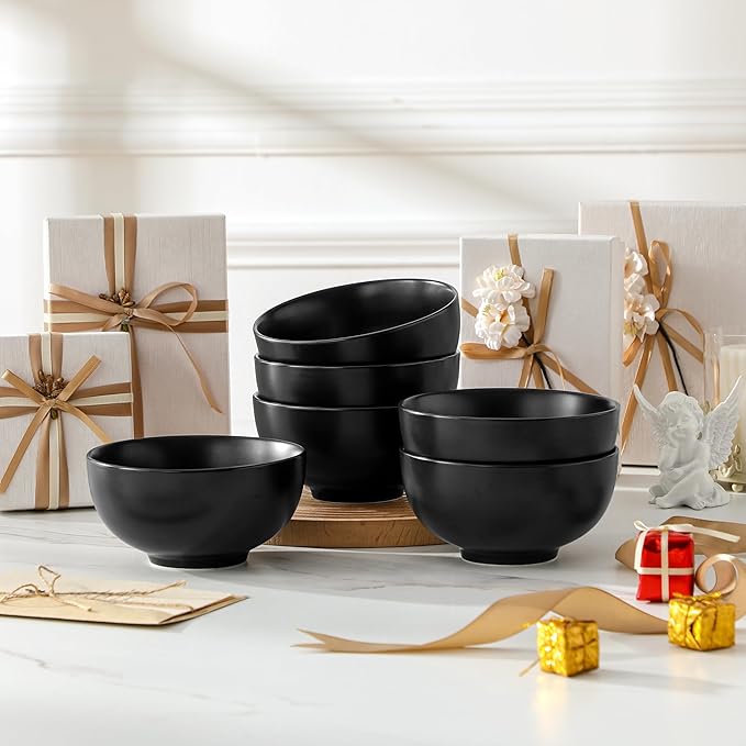 MALACASA 26 OZ Porcelain Soup Bowls Set of 6, Black Ceramic Bowls for Kitchen, Cereal Bowl for Oatmeal, Fruit, Salad, Ramen and Rice Bowl -Dishwasher & Microwave Safe Bowls