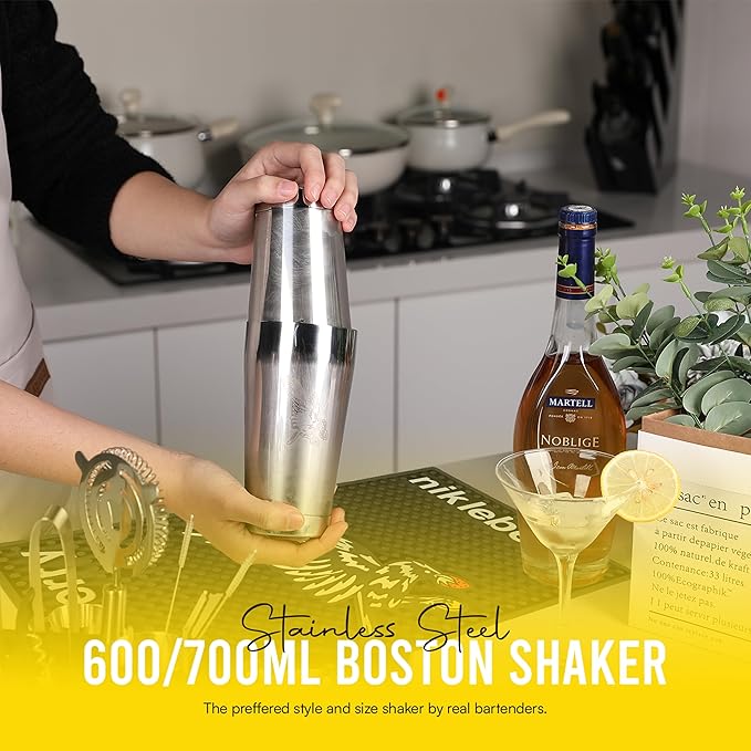 Premium 20 Piece Cocktail Shaker Set with Weighted Boston Shaker and Stand | Bartender Kit with Large Spill Catching Bar Mat - Recipe Book - Velvet Bag - Rustproof | Perfect for Mixology