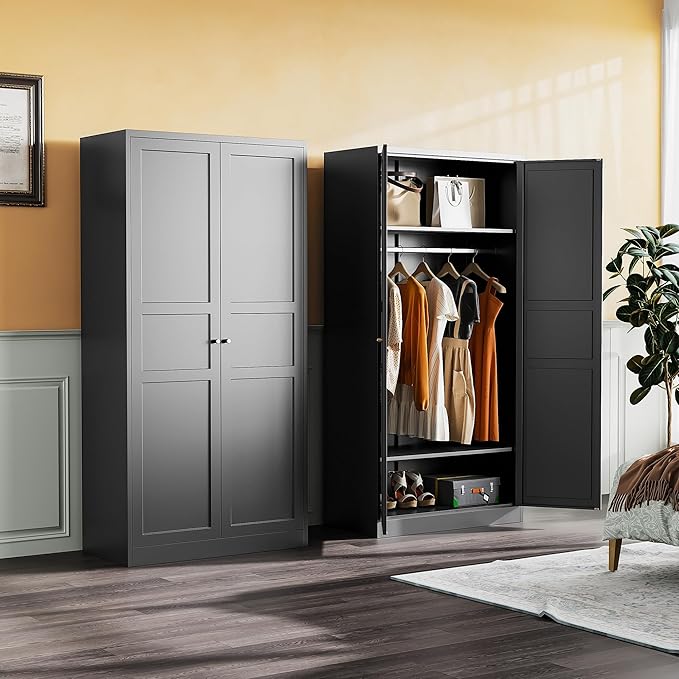 SISESOL Metal Wardrobe Cabinet with Hanging Rod,Black Armoire Wardrobe Closet,Metal Clothing Storage Cabinet with Adjustable Shelves and Doors,72" Cloth Storage Cabinets for Home,Living/Laundry Room