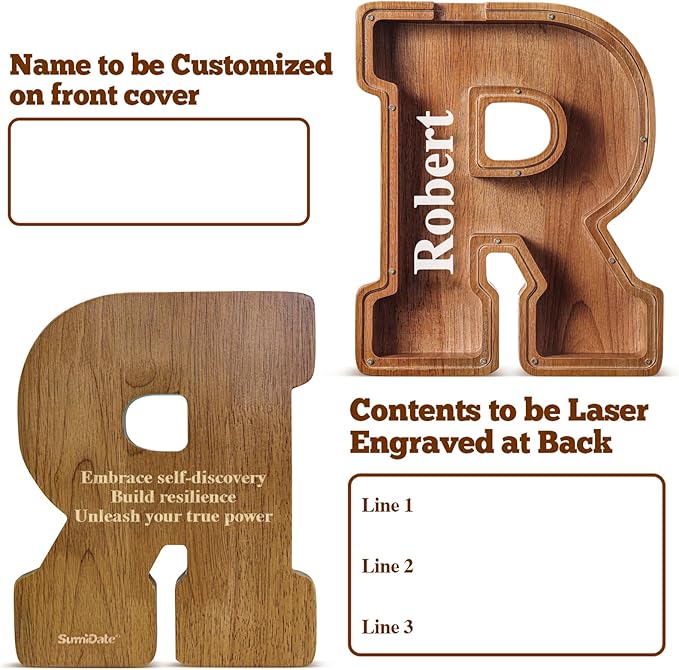 Summidate Customized Name Extra Large Wooden Piggy Bank for Kids Boys Girls Alphabets Letter A-Z Coins Bills Money Change Saving Box Clear Cover (Laser Engraved) Educational Toys 12"- Letter R