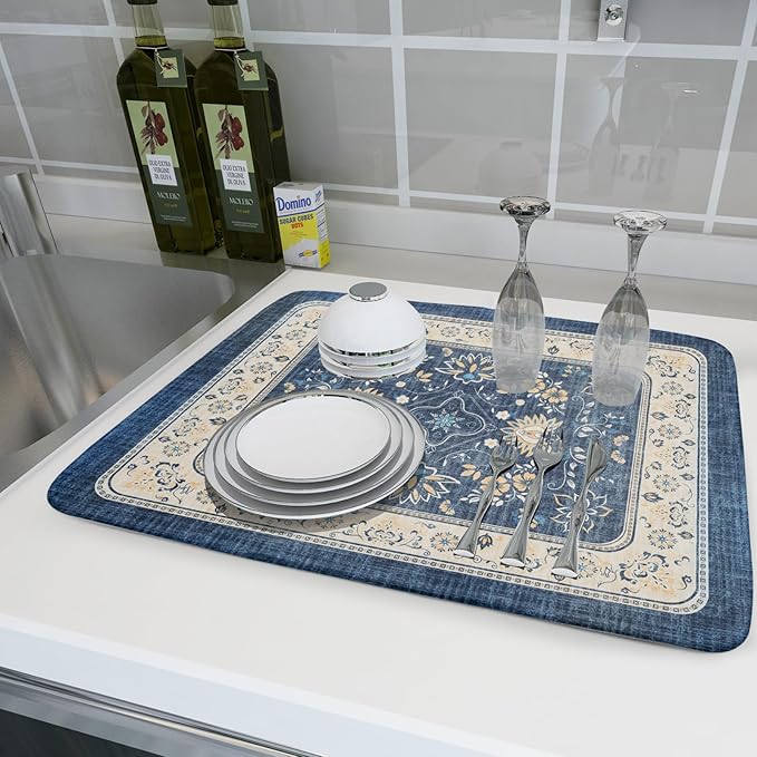 Blue Boho Dish Drying Mat for Kitchen Counter 18x24 Inch Fast Dry Drying Pad