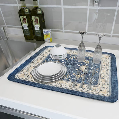 Blue Boho Dish Drying Mat for Kitchen Counter 18x24 Inch Fast Dry Drying Pad