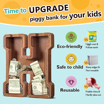 Summidate Large Wooden Piggy Bank for Kids Adults, Alphabets Letter A-Z Piggy Bank for Boys Girls, Coins Bills Change Bank Box Personalized Initial Name Kids Money Bank for Birthday Present and Decor