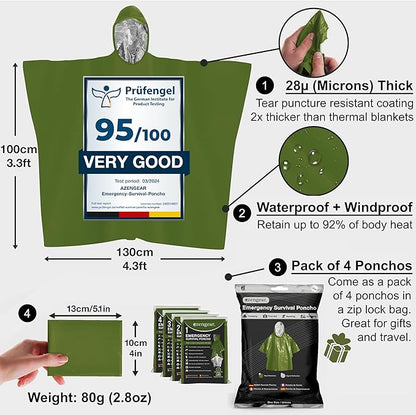 aZengear Emergency Survival Poncho (4pc) Thermal Mylar Foil Blanket for Heat Retention and Rain | Reversible with Hood | Waterproof, Windproof, Portable, Hands-Free, Outdoor Kit (Green)