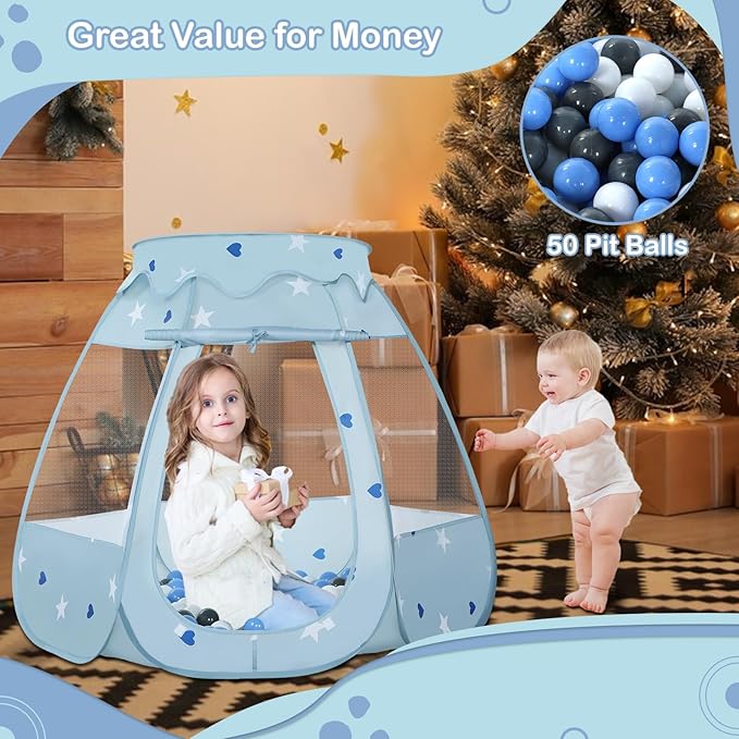 Baby Ball Pit for Toddler with 50 Balls, Kids Pop Up Play Tent for Girls, Princess Toys Gifts for Children Indoor & Outdoor Playhouse (Greyish-Blue: Gray/White/Babyblue, 109x90cm/50 Balls)
