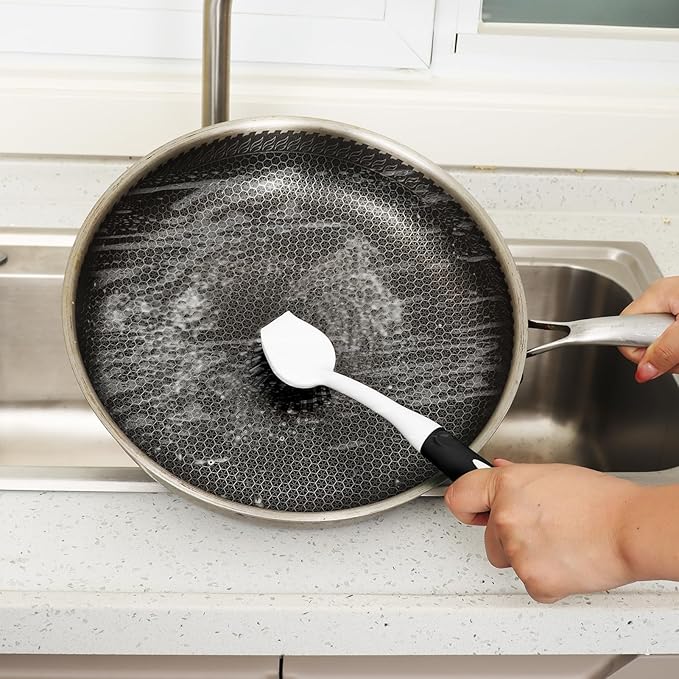 Dish Brush with Handle, 2 Pack Scrub Brushes with Built-in Scraper