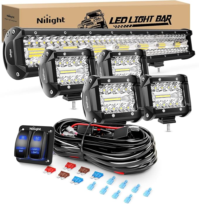 Nilight 20Inch 420W Triple Row Spot Flood Combo Led Light Bar Work Driving Lamp 4Pcs 4Inch 60W Cube LED Pods Lights with Wiring Harness Kit for Trucks Jeeps ATVs UTVs Motorcycles Ships Yachts-5 Leads
