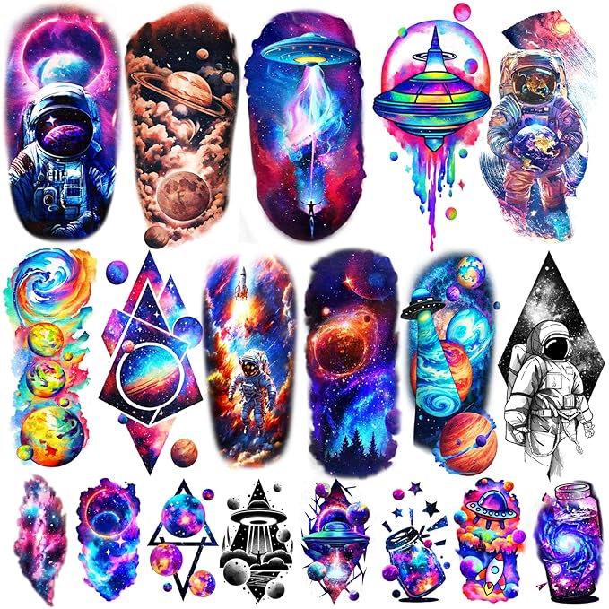77 Sheets Temporary Tattoo, 17 Sheets Space Planet Astronaut Rockets Half Sleeve Fake Tattoos for Adults Men Women, 60 Sheets Small Tattoos Stickers Waterproof Lasting for Boys Girls Party Supplies