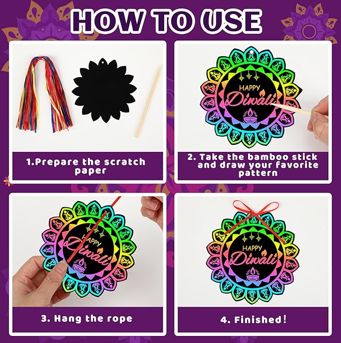 JULMELON 36 PCS Diwali Crafts, Rainbow Scratch Art DIY Scratch Paper Cards Magic Color Diwali Gifts Arts and Craft Kits Bulk Happy Diwali Party Favors School Activities Games