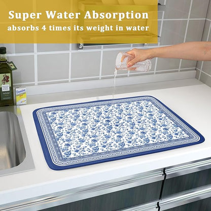 Blue Floral Branches Dish Drying Mat