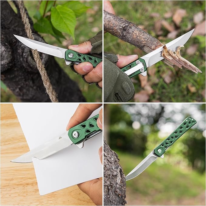 FLISSA Folding Knife, 4.5" Folding Pocket Knife, Hollow-out Design Handle, Tactical Pocket Knife for Hunting, Survival, EDC, Camping and Outdoor Activities, Green
