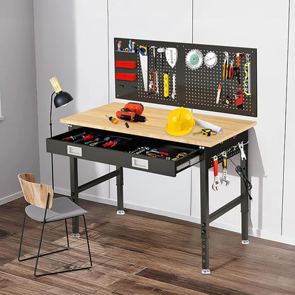 48" Workbench for Garage with Drawers Rubberwood Tabletop Work Table with Pegboard, Power Outlets Adjustable Height Work Bench for Office, Woodworking Shop, Home
