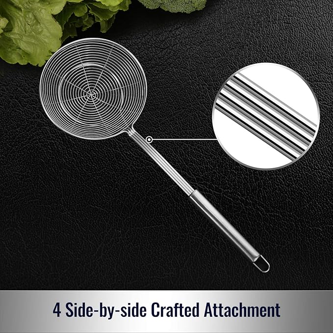 Hiware Solid Stainless Steel Spider Strainer Skimmer Ladle for Cooking and Frying, Kitchen Utensils Wire Strainer Pasta Spoon, 5.4 Inch