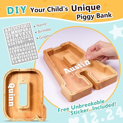 SummiDate Wooden Letter Piggy Bank| Piggy Bank for Boys Girls Toddler| Alphabet Q Money Bank| Coin Bank Birthday Gift for Kids|Birthday Gift for Kids (Q)