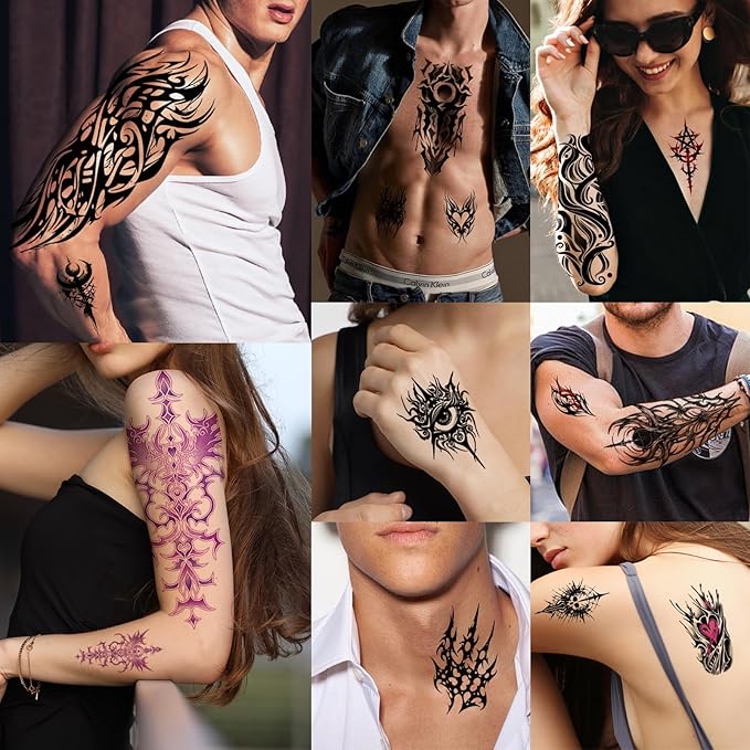 77 Sheets Cyborg Tribal Temporary Tattoo for Women Men, 17 Half Arm Large Skull Butterfly Fake Tattoos, 60 Black Vintage Tiny Adult Kid Body Tattoos Stickers Realistic Waterproof Long Lasting