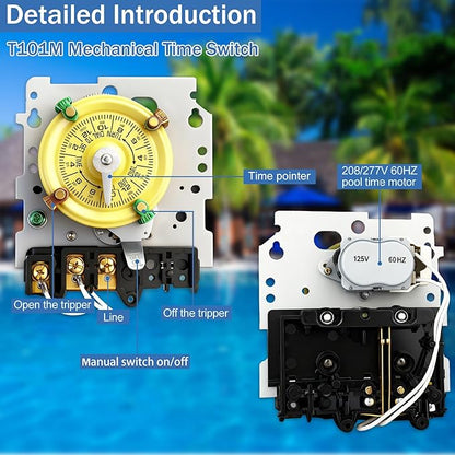 T101M Pool Timer Mechanism Only, Pool Pump Timer, 120V 2HP SPST 40A Time Switch