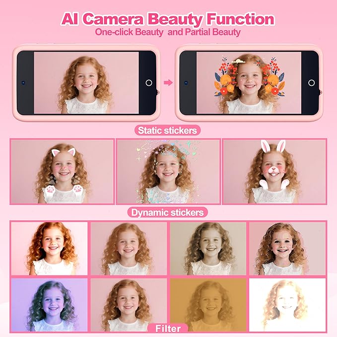 AI Digital Camera for Kids with WiFi for Christmas Birthday Gift for Girls Boys，Touch Screen HD Camera for Home Travel Garden,Kids Toys for 4 5 6 7 8 9 10 11 12 with 32GB SD Card Pink
