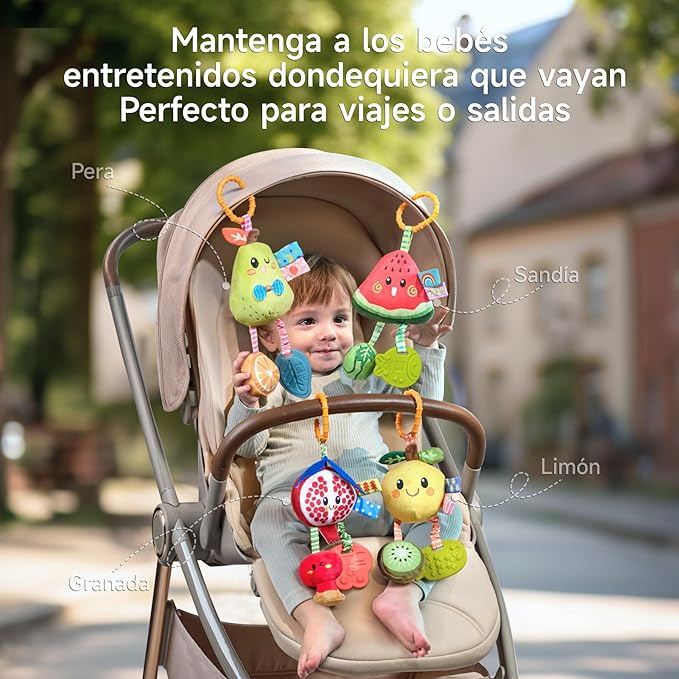 TUMAMA Hanging Toys for Baby Gym, 4 Pack Fruit Crib Stroller Baby Gym Mobile Plush Toys with Teether, Hanging Rattle Toys, Car Seat Toys for Babies 0-6 Months Boy