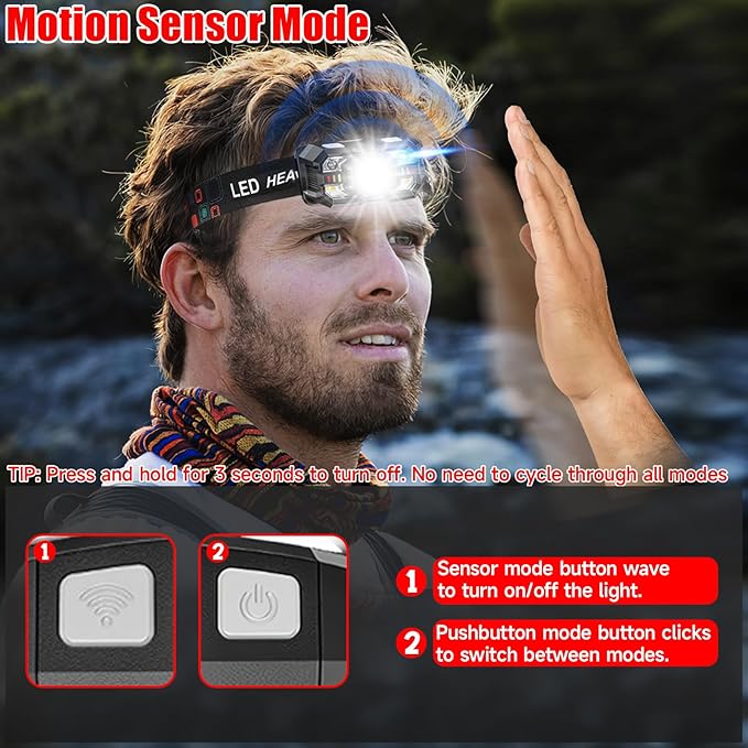 Headlamp Rechargeable 2Pack, 3000 Lumen Ultra-Light Bright Headlamp Flashlight with White Red Light, LED Headlight Motion Sensor, 5+5 Mode for Outdoor Camping Fishing Running Hiking