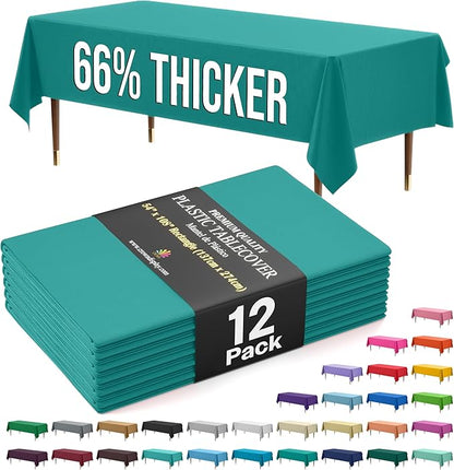 Exquisite 66% Thicker Premium Plastic Table Cloth Rectangle Table Cover 0.5 Mil 12 Pack Teal Table Cloth 54 Inch x 108 Inch Disposable Tablecloth Won't Tear Easily Like Cheap Thin Brands