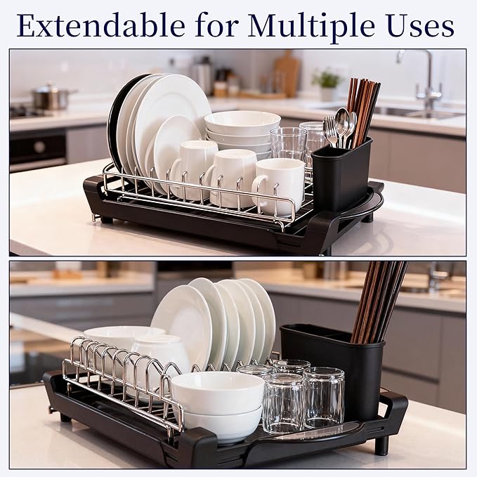 Dish Drying Rack Compact Expandable Double-Decker: Stainless, Rust-Proof