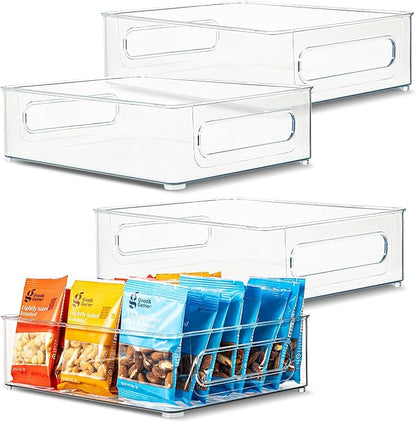Plastic Food Storage 4 Pack Clear Container Bin with Handles for Organizing Kitchen, Pantry, Refrigerator, Freezer, Pantry, Cabinet, Closet, Bathroom. Stackable 10”x8”x3”