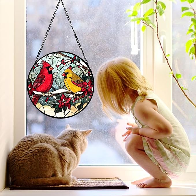 DASTOLL Stained Glass Window Hanging, Love Birds Cardinals Sun Catchers
